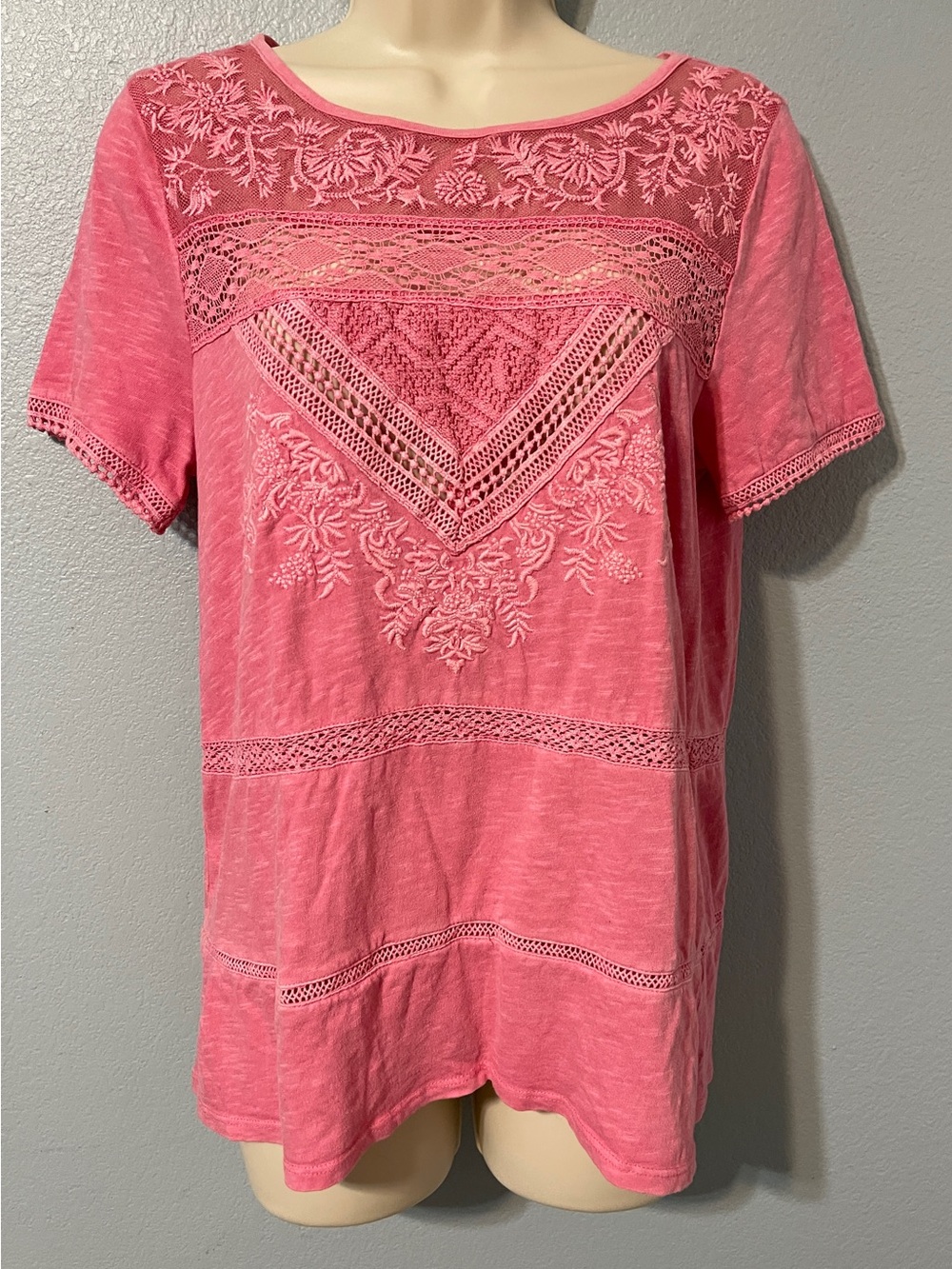 Sundance Pink Embroidered Lace Tunic Top Crochet Boho Cottagecore Artsy Small